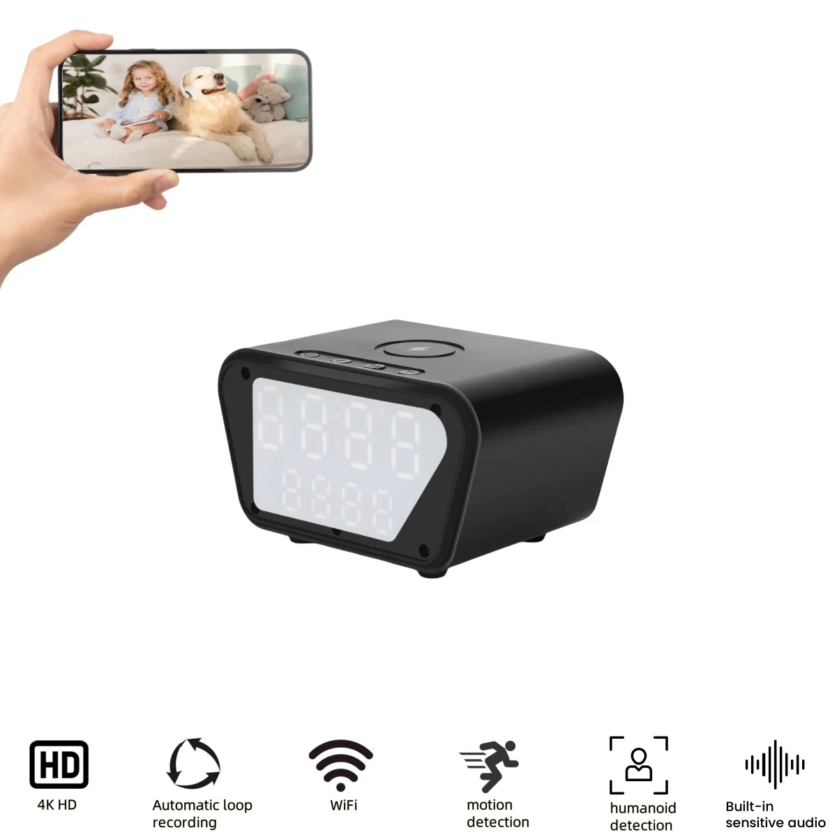 

Alarm Clock Style Monitor WiFi Baby Monitor Controlled by Apps 4K Camera Multifunction Cell Phone Mobile Power Motion Detection