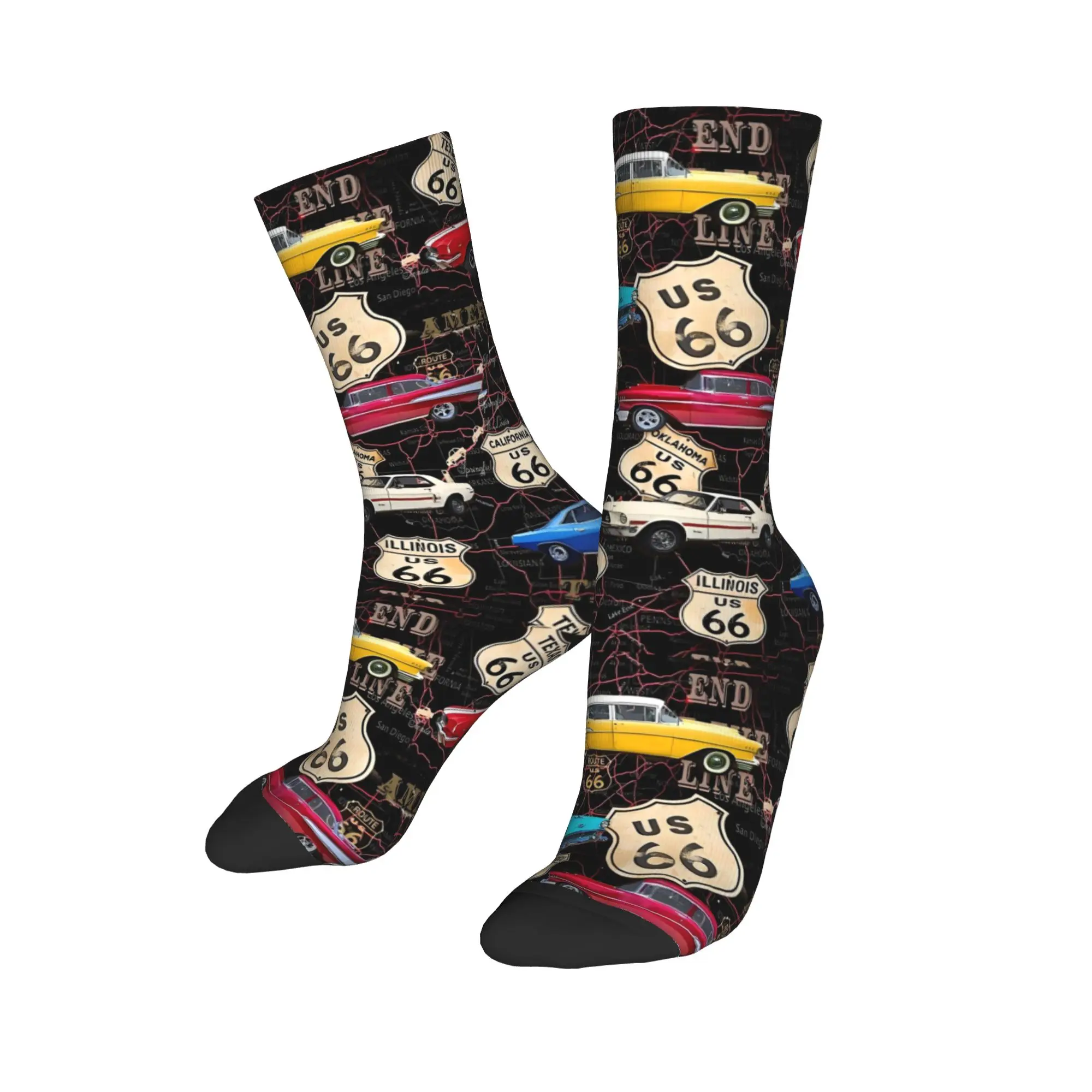 

Custom Retro Route 66 Metal Sign Mens Crew Socks Unisex Cool Americana Highway Spring Summer Autumn Winter Dress Socks