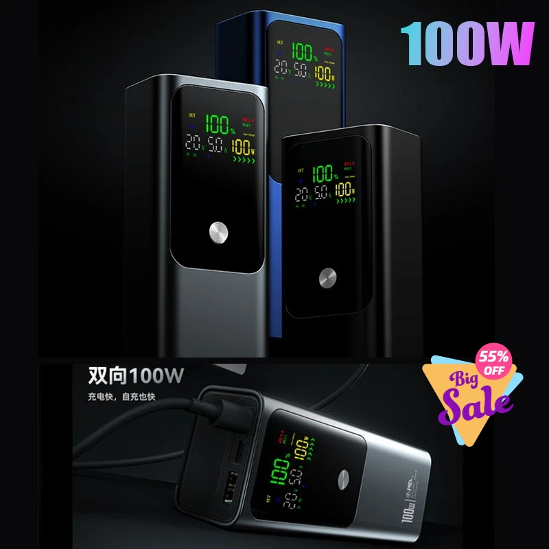 

PD100W Super Fast Charging 30000mAh Power Bank External Spare Battery Large Capacity Portable Powerbank for IPhone Xiaomi Laptop