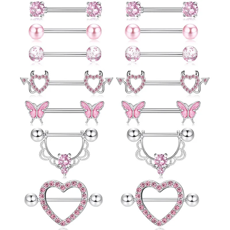 Pink Devil Nipple Piercing Jewelry Set Heart Crystal Nipple Rings Bulk Shiny Butterfly Nipple Barbell Dangle Lot Piercing Pezon