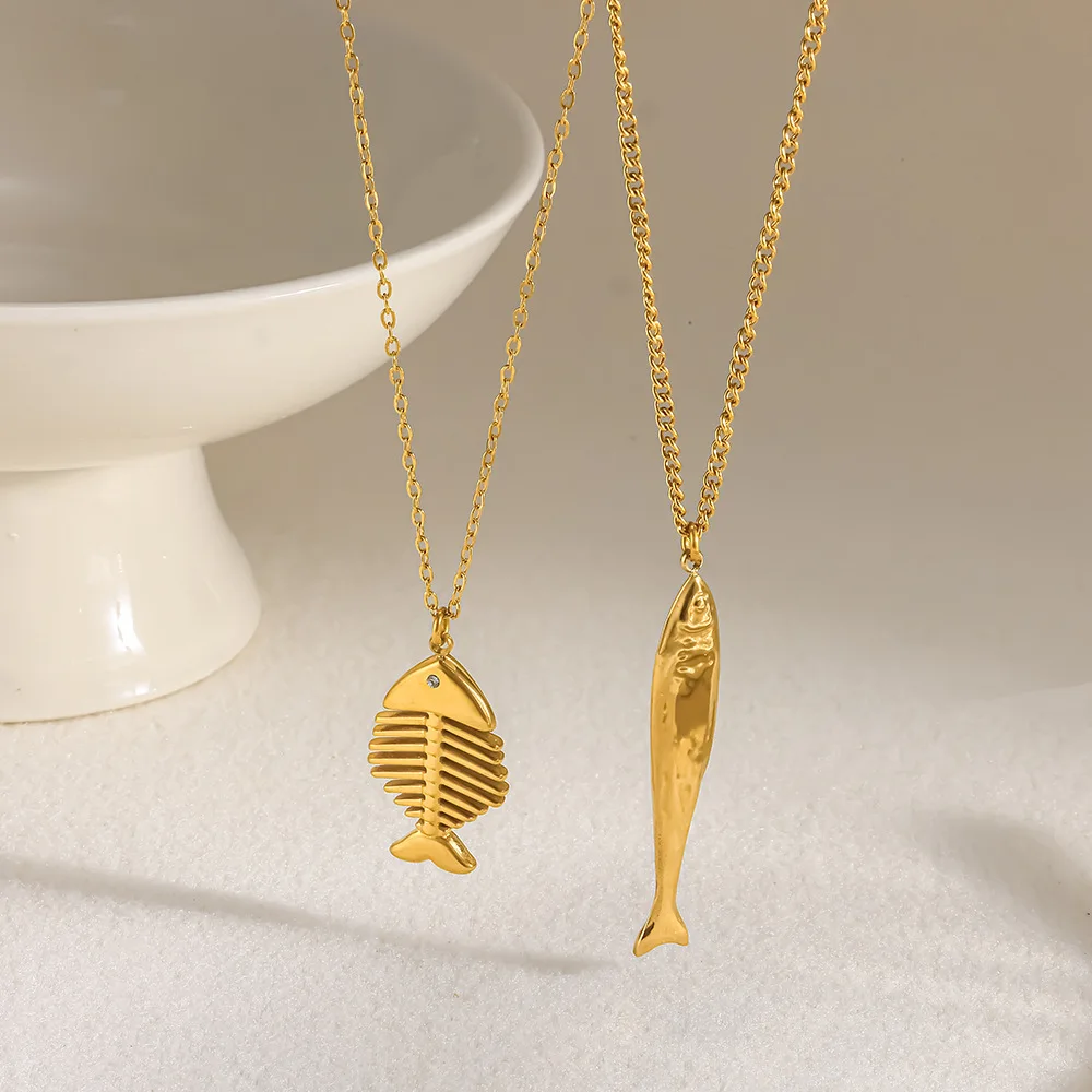 1Pcs Ocean Stainless Steel 3D Fish & Fishbone Pendant Necklace Minimalist Fashion Women Jewelry