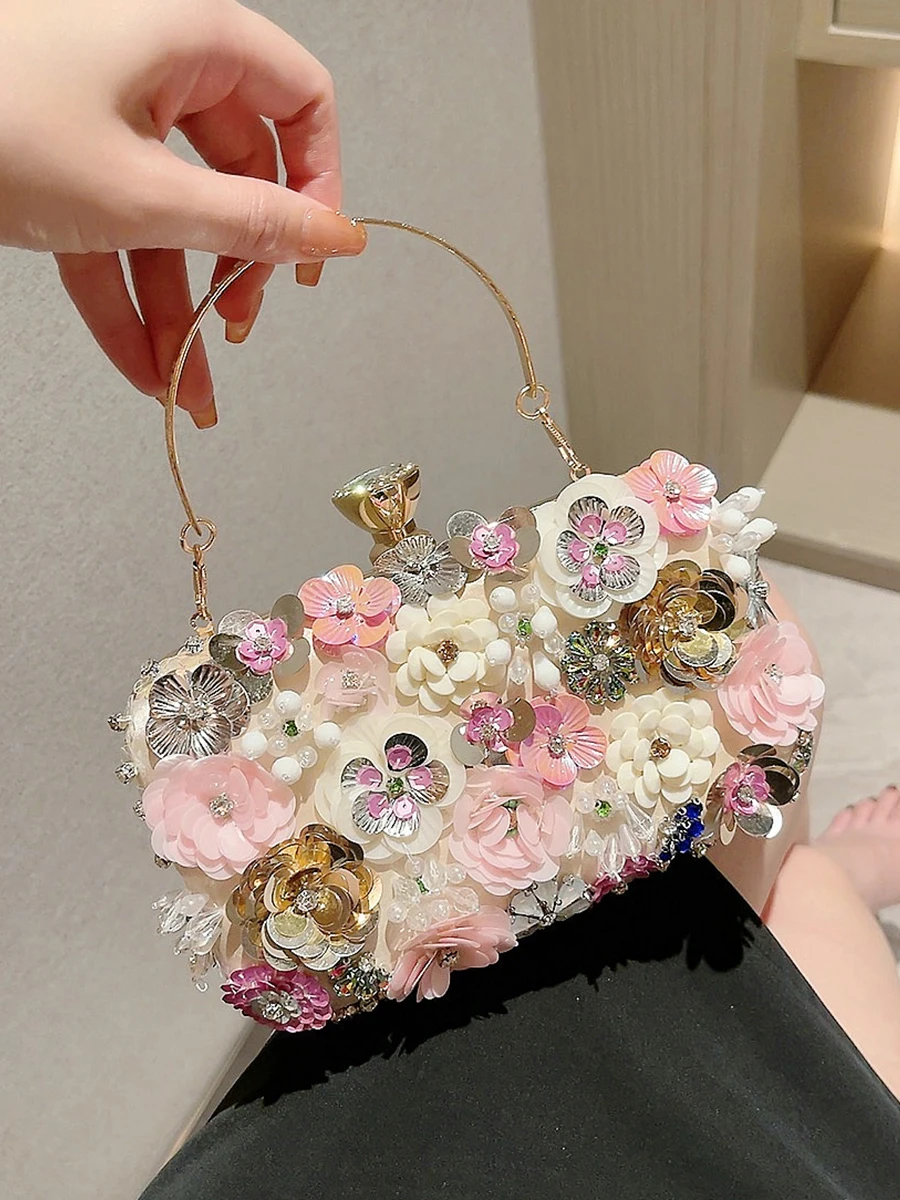 3D Beaded Flower Evening Bag, Elegant Box Clutch Purse, Women\'s Wedding Handbags For Party Prom