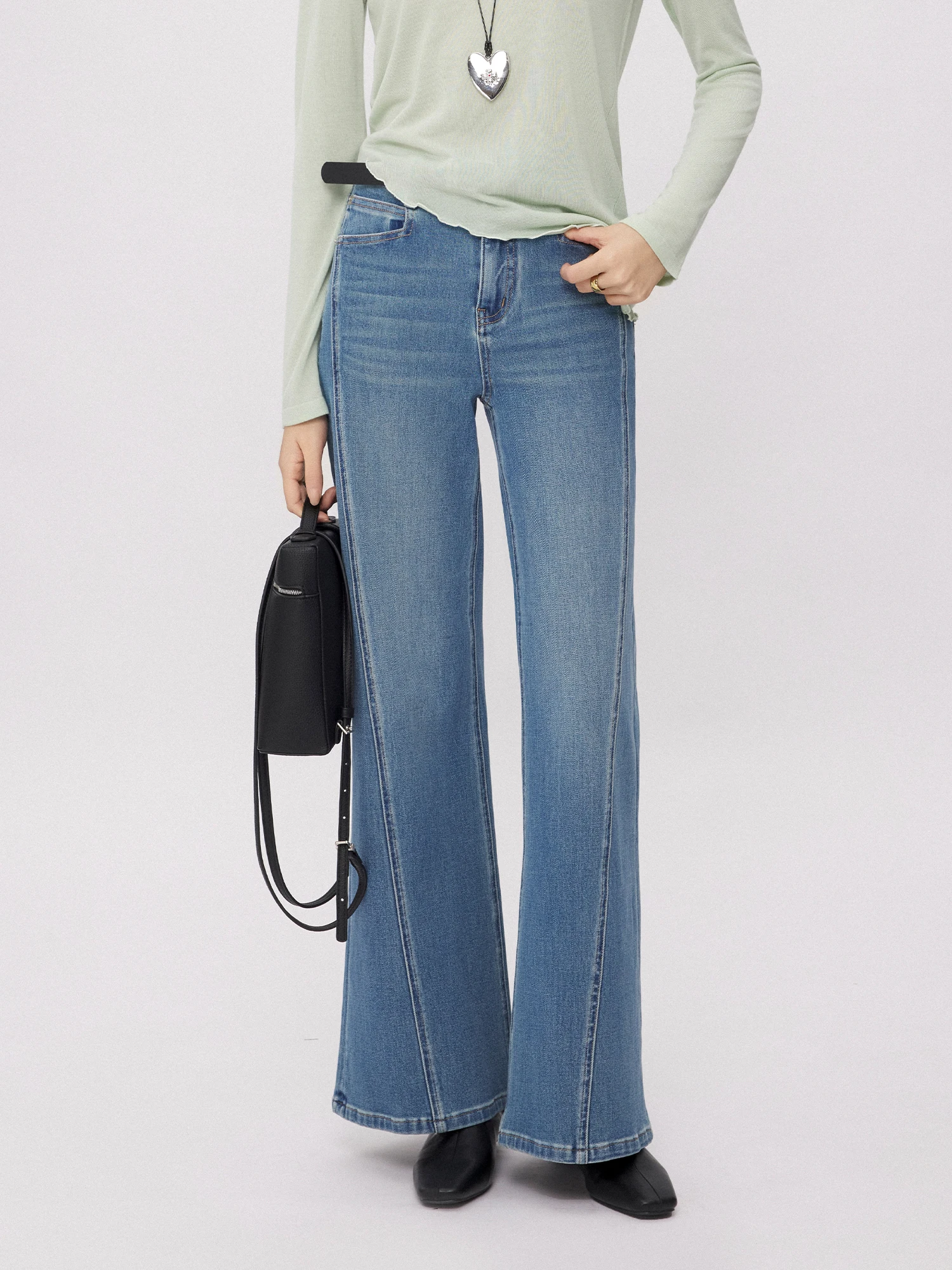 

CLMX Cotton Denim Bell Bottoms Women's Natural Waist Straight Leg Micro Stretch Jeans Spring Season Pure Color Zipper Fly