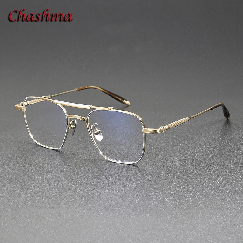 Chashma Men Prescription Glasses Frame High End Pure Titanium IP Double Bridge Gold Eyewear Rim Full Frame Ultra Light Glasses