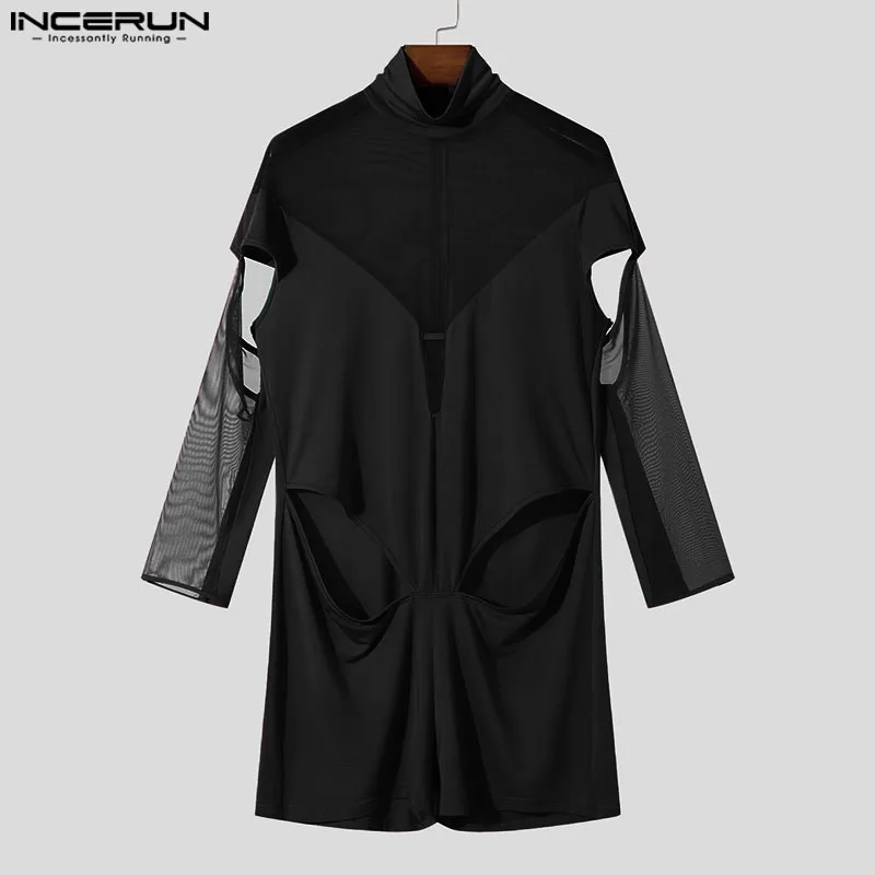 INCERUN Men Casual Hollow Desgin Simple Bodysuits 2024 Well Fitting Comfortable Homewear Home Long Sleeved Solid Living Clothes