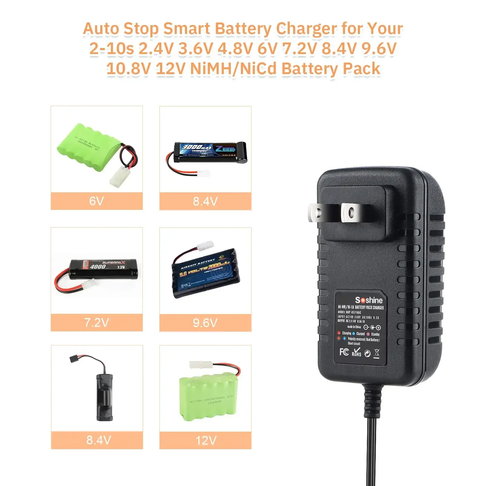 شاحن بطارية RC 9 في 1 لـ 4.8 فولت 7.2 فولت 8.4 فولت 9.6 فولت NiMH/NiCD، شاحن سيارة RC لبطارية Traxxas 2.4 فولت-12 فولت NiMH/NiCD