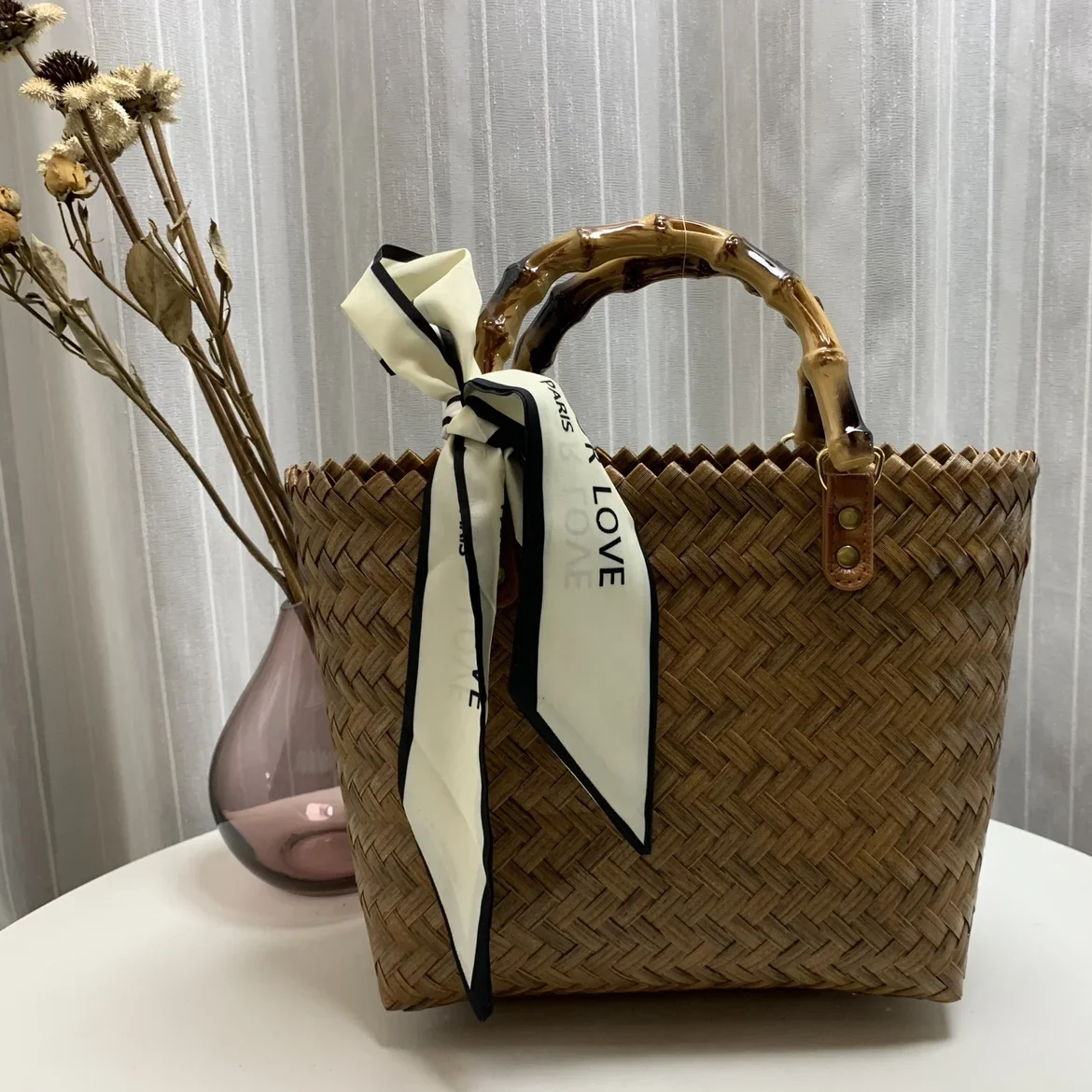 Imitation rattan straw bag acrylic handle hand woven bag