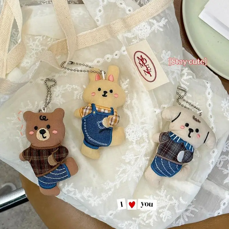 Soft Plush Animal Keychain Ins Style Cute Bear Rabbit Dog Doll Pendant Fabric Ornament for Backpack School Bag Accessory