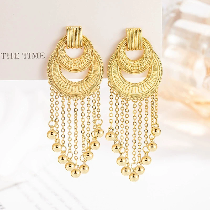 New Gold-plating Double Circle Tassel Earrings for Women Ethnic Fashion Exquisite Unique Design Ear Jewelry KOFSAC