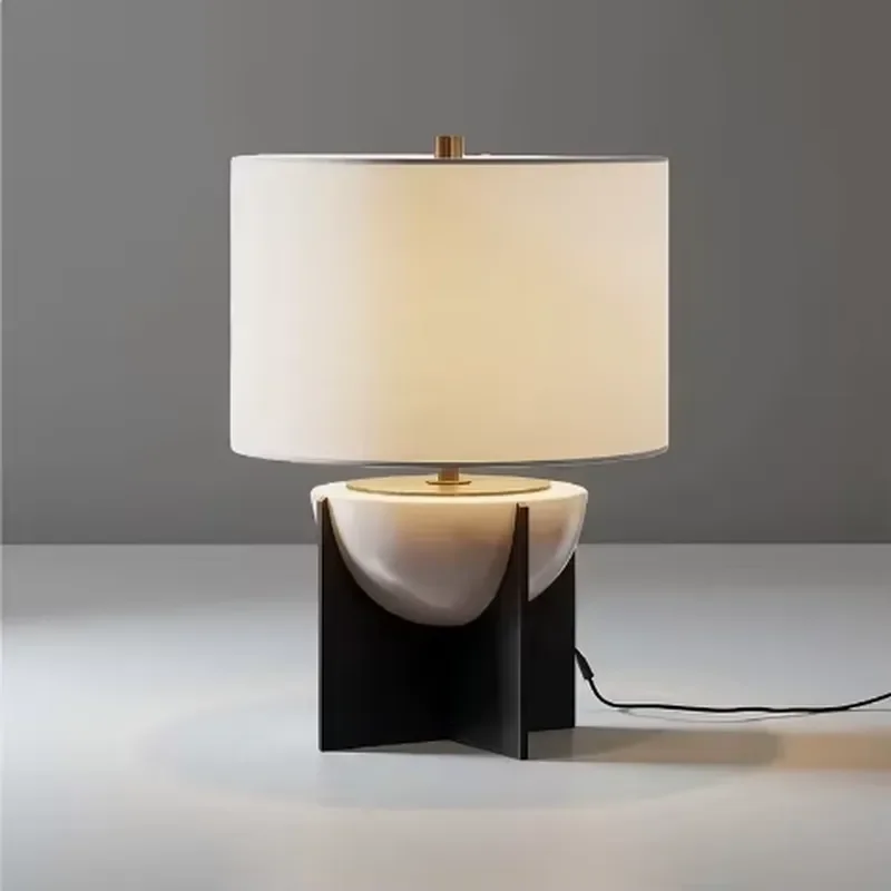 Natural Marble Table Lamp Black Metal Support Fabric Shade Modern Decorative Bedside Desk Lamp