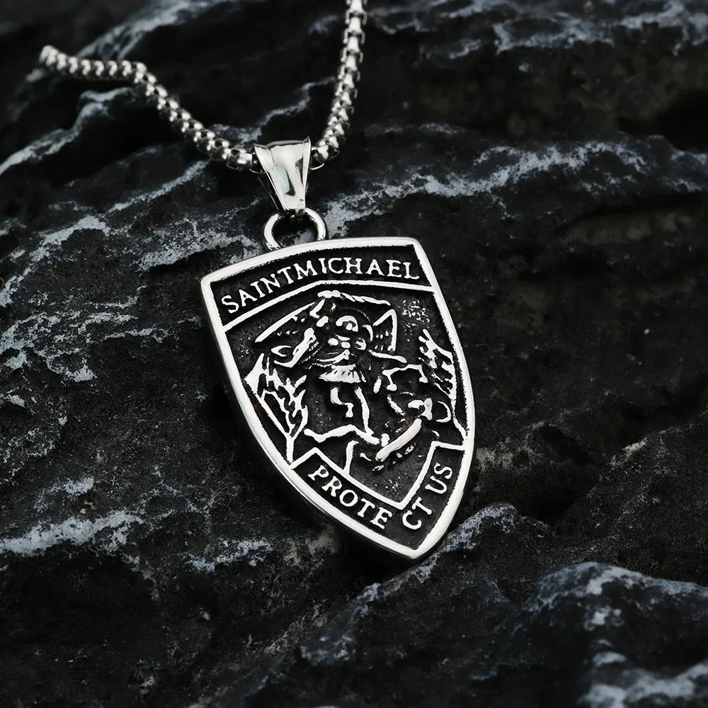 European and American Style Archangel Retro Michel Men's Pendant Necklace Stainless Steel Jewelry Christmas Holiday Gift