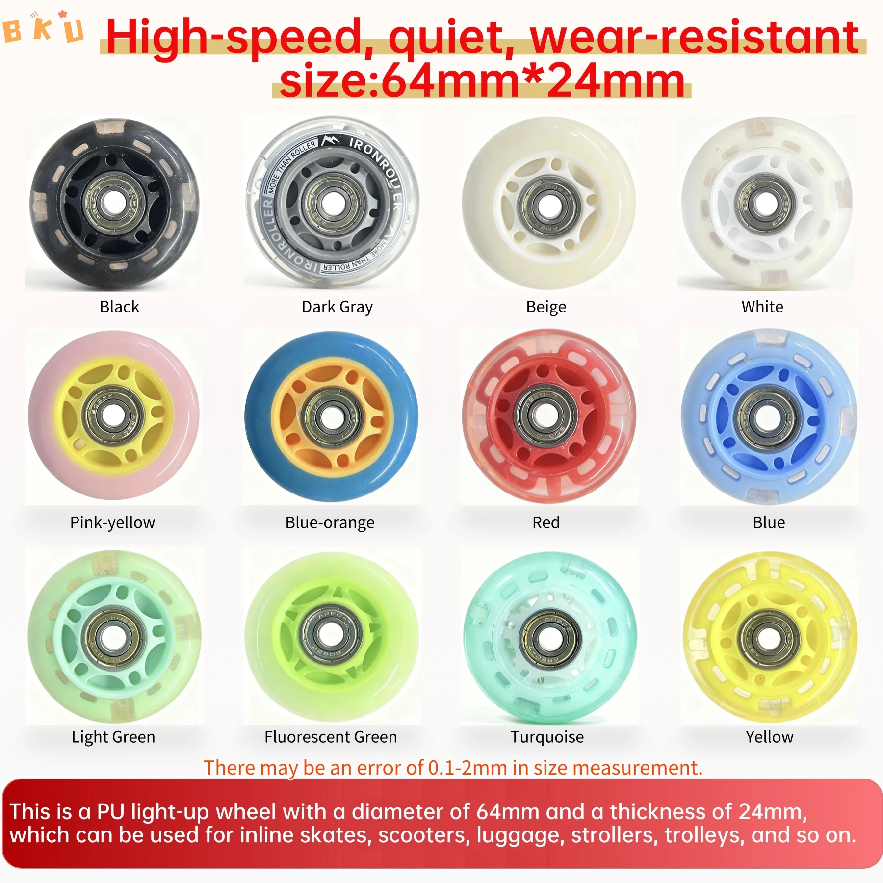 Paquete de 2 ruedas con luz LED de 64 mm (2,5 ") de material PU con rodamientos ABEC-7, brillo colorido para patines/scooters/equipajes en línea