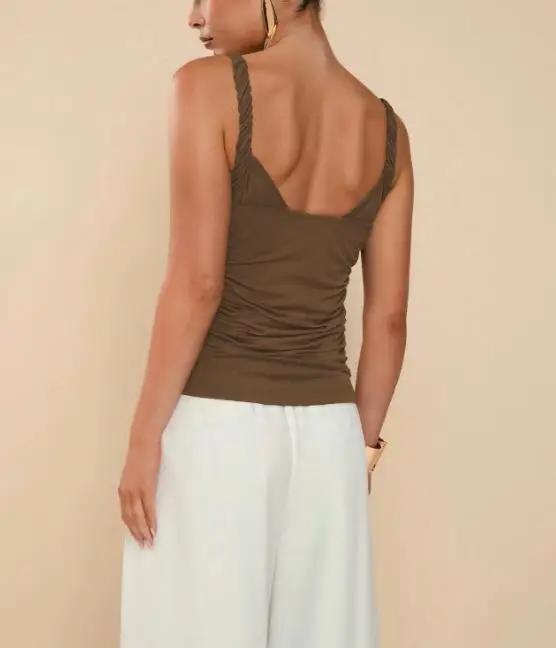 

Women's Slim Fit Metal Buckle U-Neck Pleated Short Vest Top with Thin Shoulder Strap for Slimming Fashion