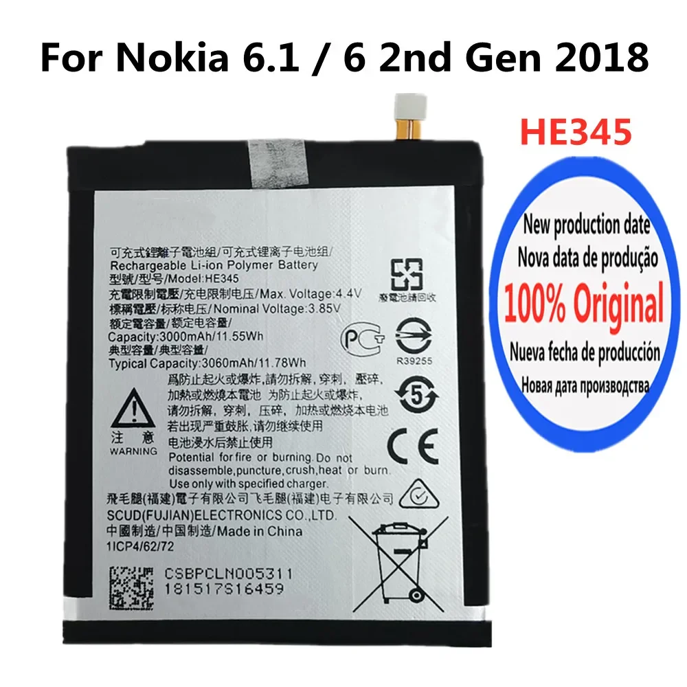 

HE353 HE344 HE345 100% Оригинальный аккумулятор для Nokia 6 2-го поколения 2018 / Nokia 6,1 TA-1068 TA-1054 TA-1050 TA-1043 аккумулятор 3060 мАч