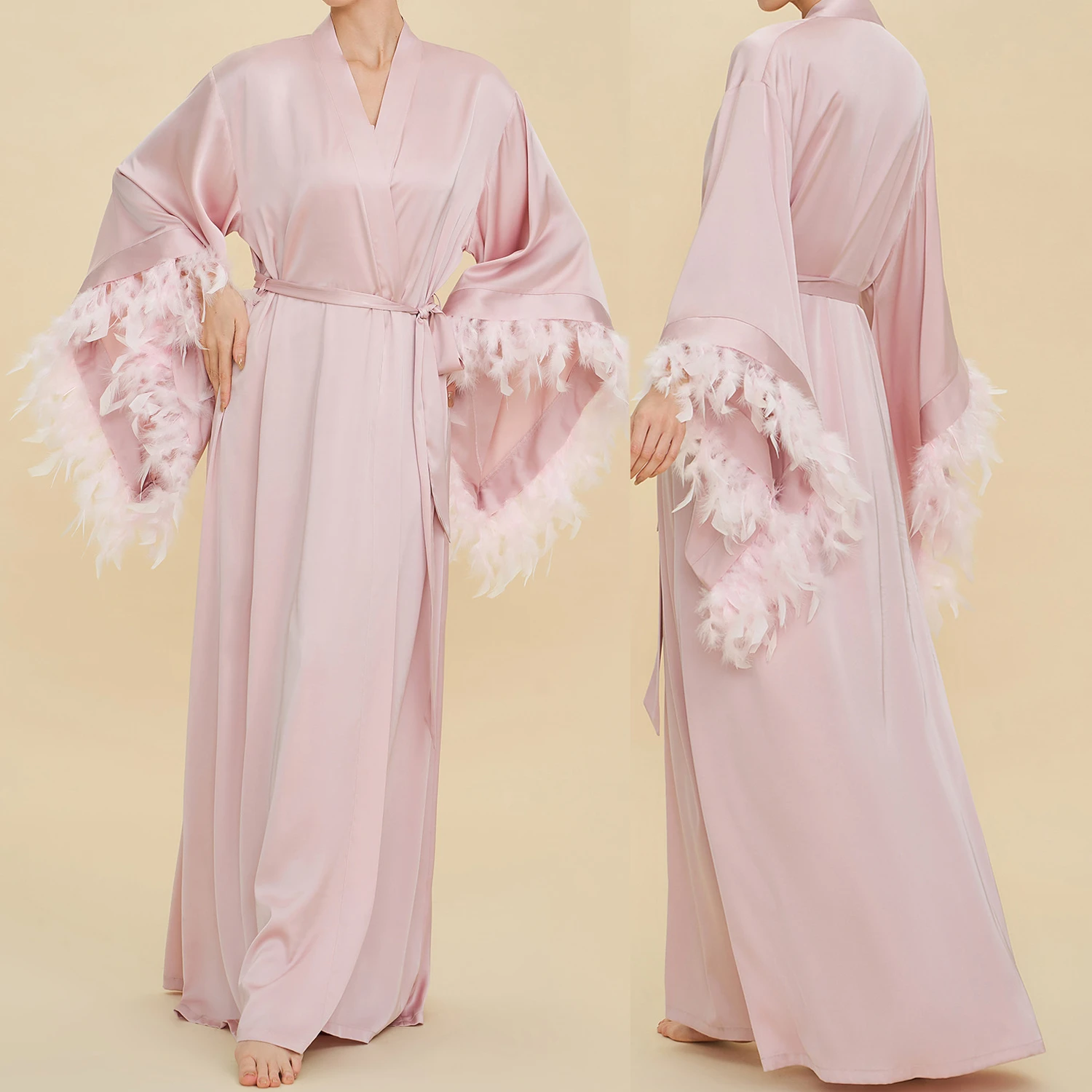 Luxury Feather Big Cuff Extra Long Wedding Robe for Bride Bridesmaid Silky Satin Sexy Bathrobe Nightgown Elegant Sleepwear Homew