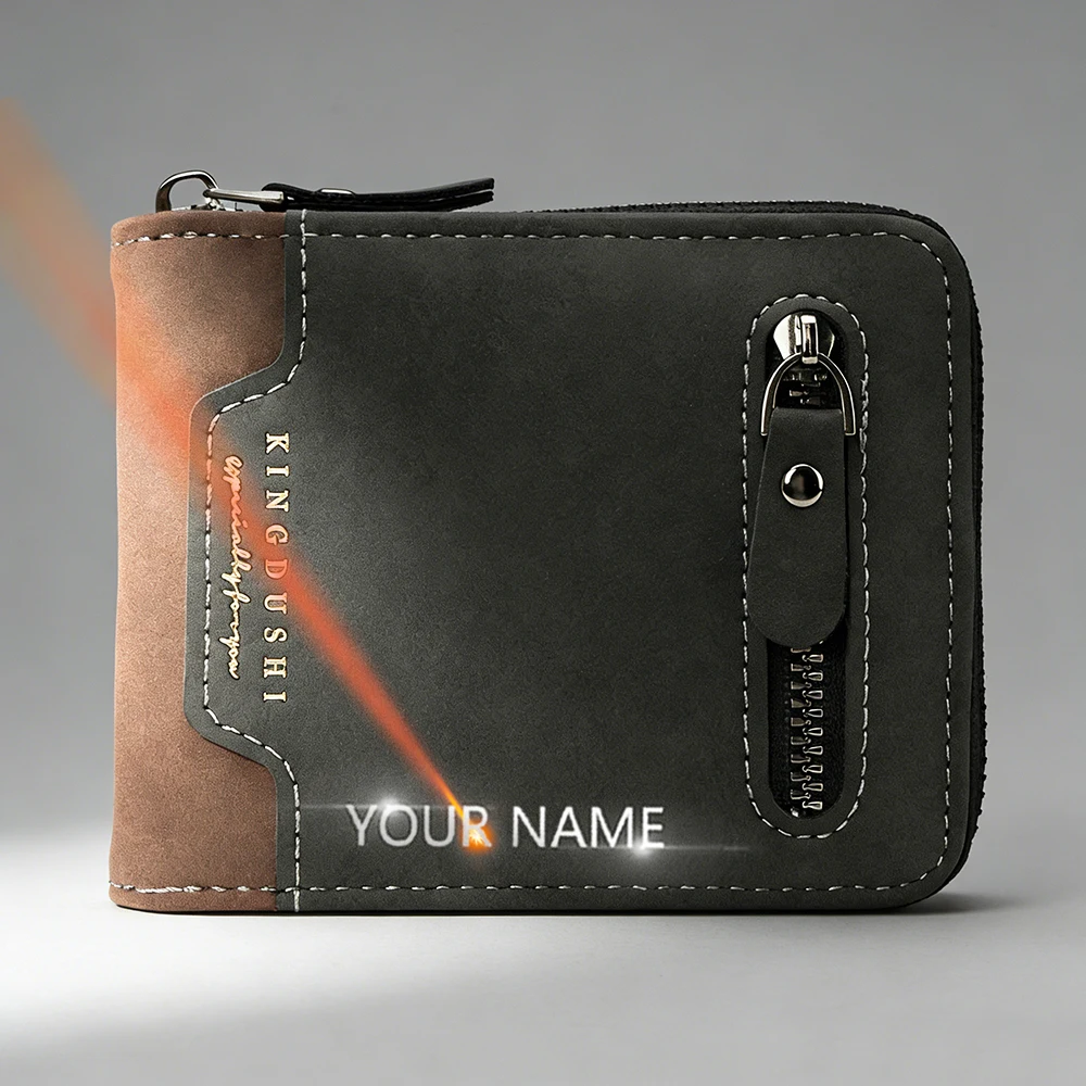 

Новый мужской короткий кошелек с гравировкой имени, высококачественный, с карманом на молнии для монет, простой зажим для денег, держатель для фото, ретро-портмоне