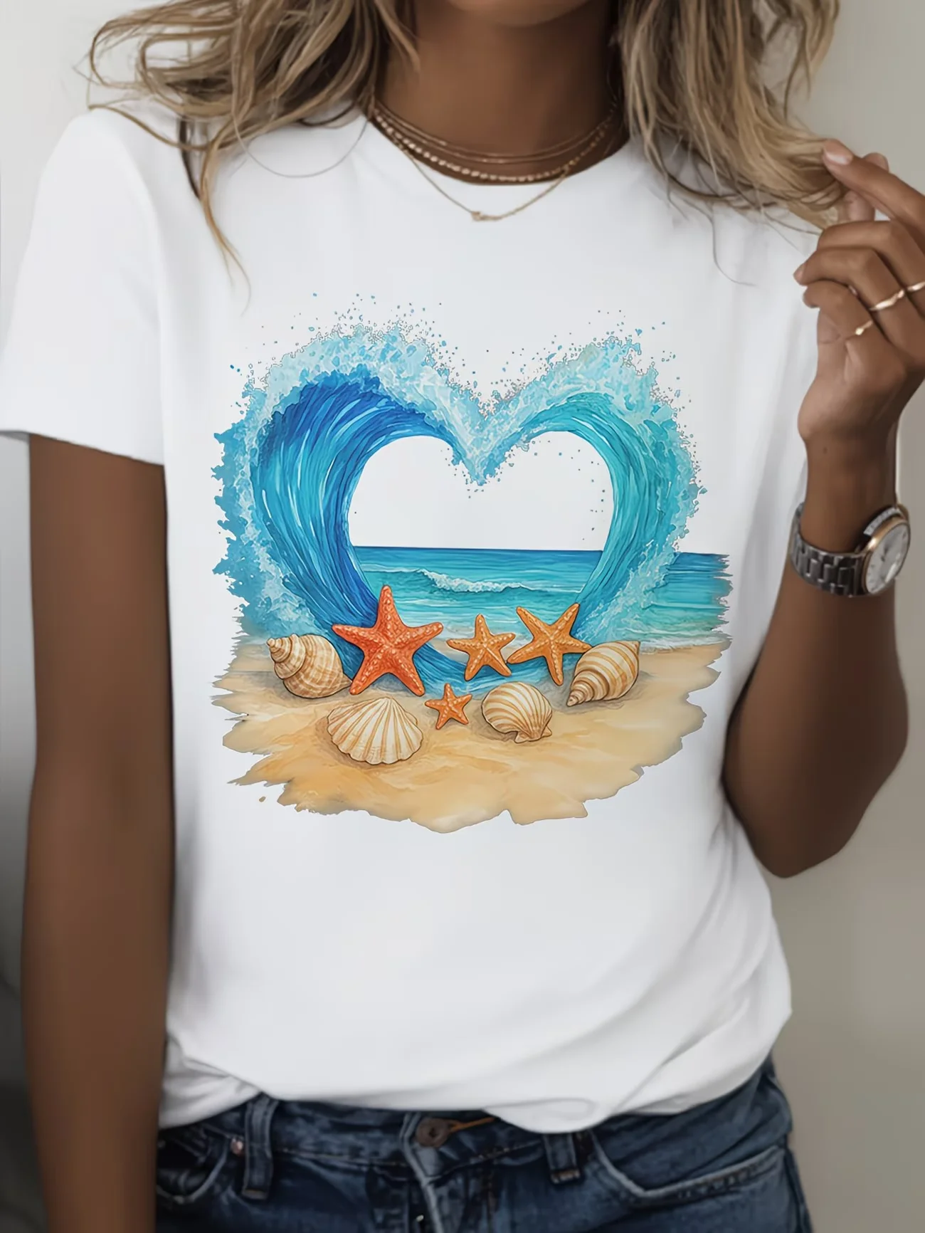 Women's Nautical Beach T-Shirt - Shell Starfish & Snail Print Short Sleeve Round Neck Top, for All Seasons Casual Summer Wear