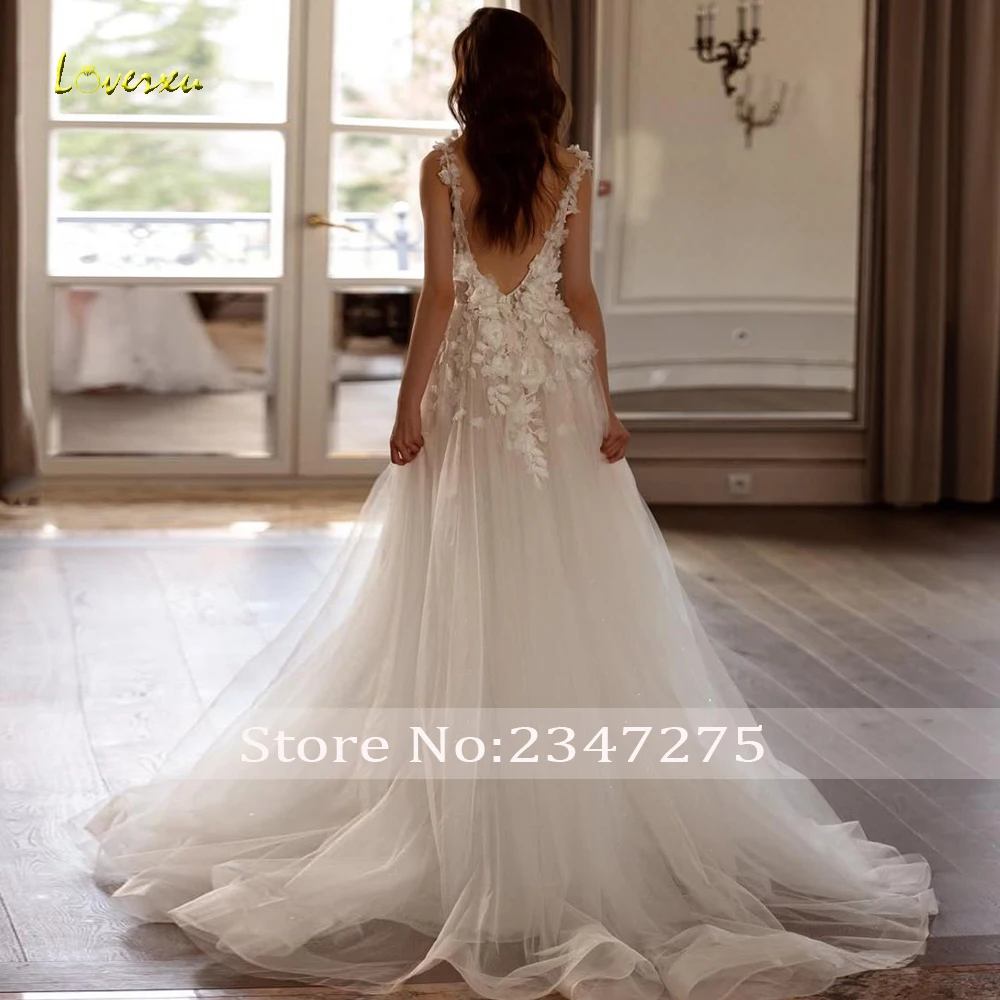 Loverxu A-Line Illusion Wedding Dresses For Women Spaghetti Straps Vestido De Novia Lace Flowers Split Custom Made Bridal Gowns