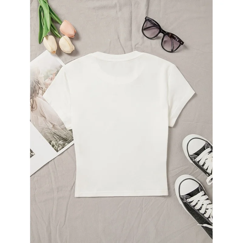 Cute White Women Crop Top Pretty Girl Avenue Bow Letter Print Short Sleeve Tee