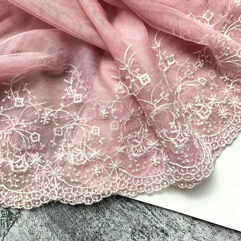 21CM Wide Luxury Tulle Pink Mesh Exquisite Embroidered Floral Lace Ribbon Dress Head Veil Skirts Curtain DIY Crafts Sewing Decor