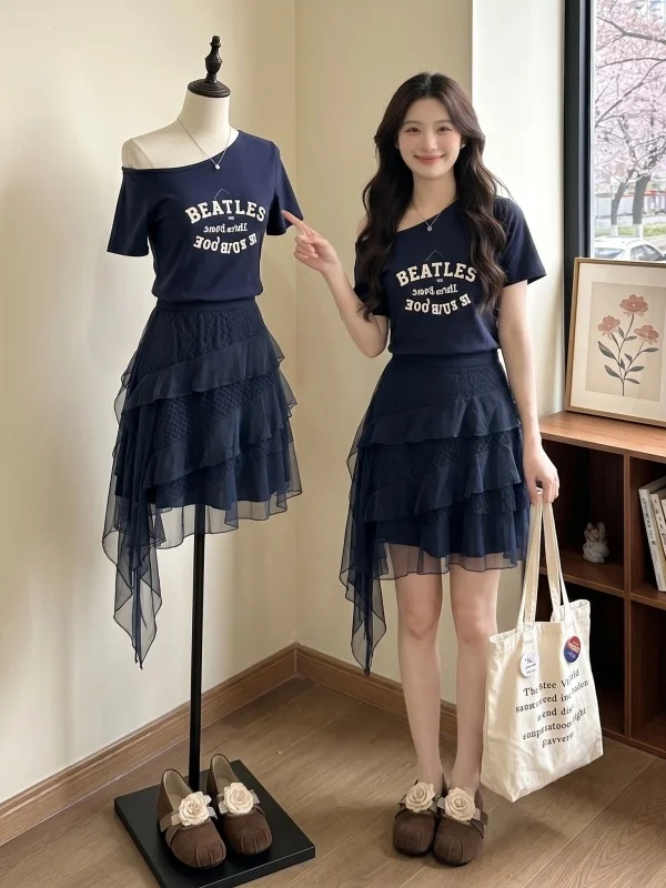 

Summer Outfit Sweet And Spicy Street Style Blue Shoulder Short Sleeve Cake Skirt Two Piece Set Women's plus Size Korean Style