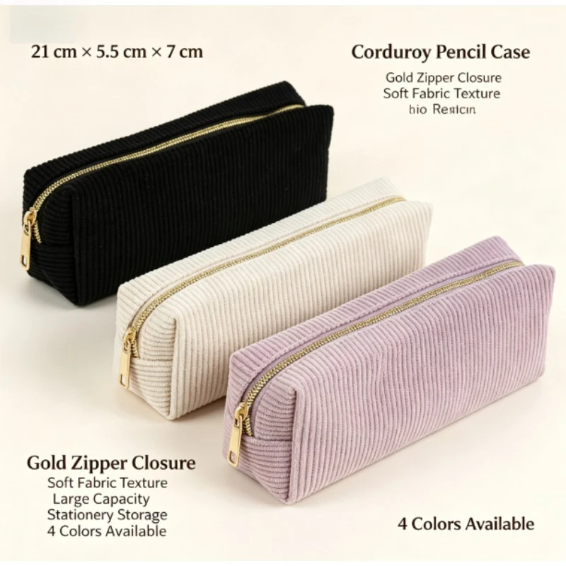Ins Retro Corduroy Pencil Case, Aesthetic Pink Large Capacity Student Stationery Storage Bag, Portable Multi-purpose Cosmetic