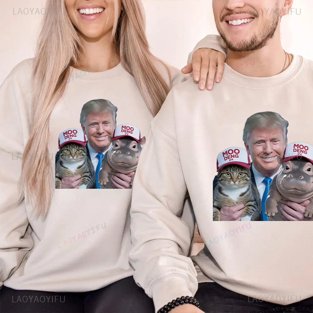 Trump Holds Moo Deng's Hippo Hoodie Men Women's Vintage Hoody MAGA Fall/Winter Comfort Drop-shoulder Sleeve Sweatshirt