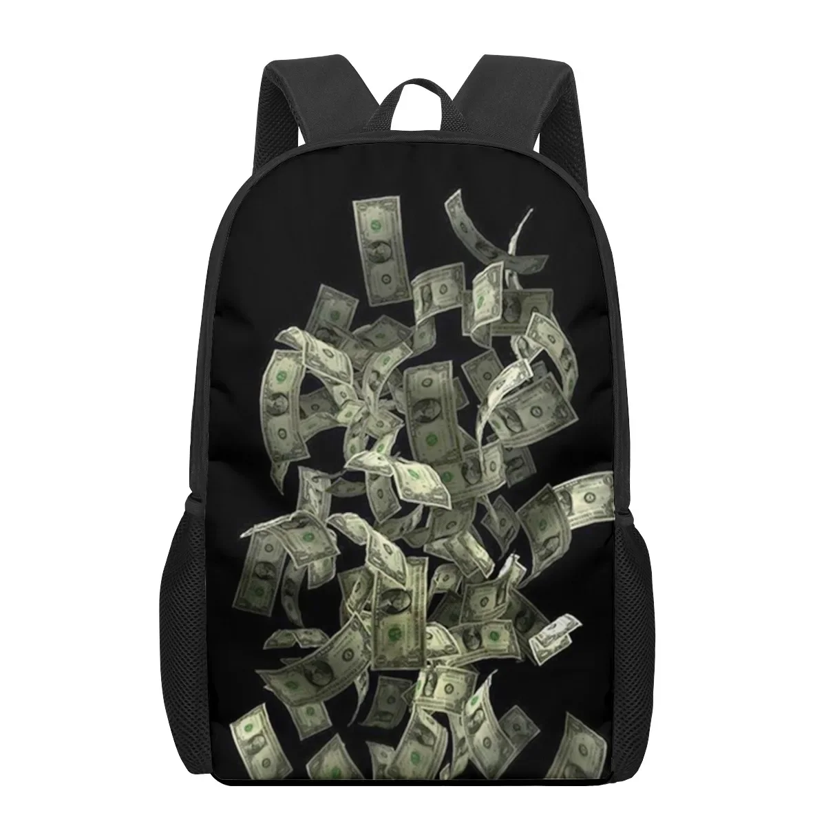 Engraçado dólar americano dinheiro saco de escola dólar dos eua impressão mochila caminhadas daypack para mulheres homens 16 polegadas com bolso de malha