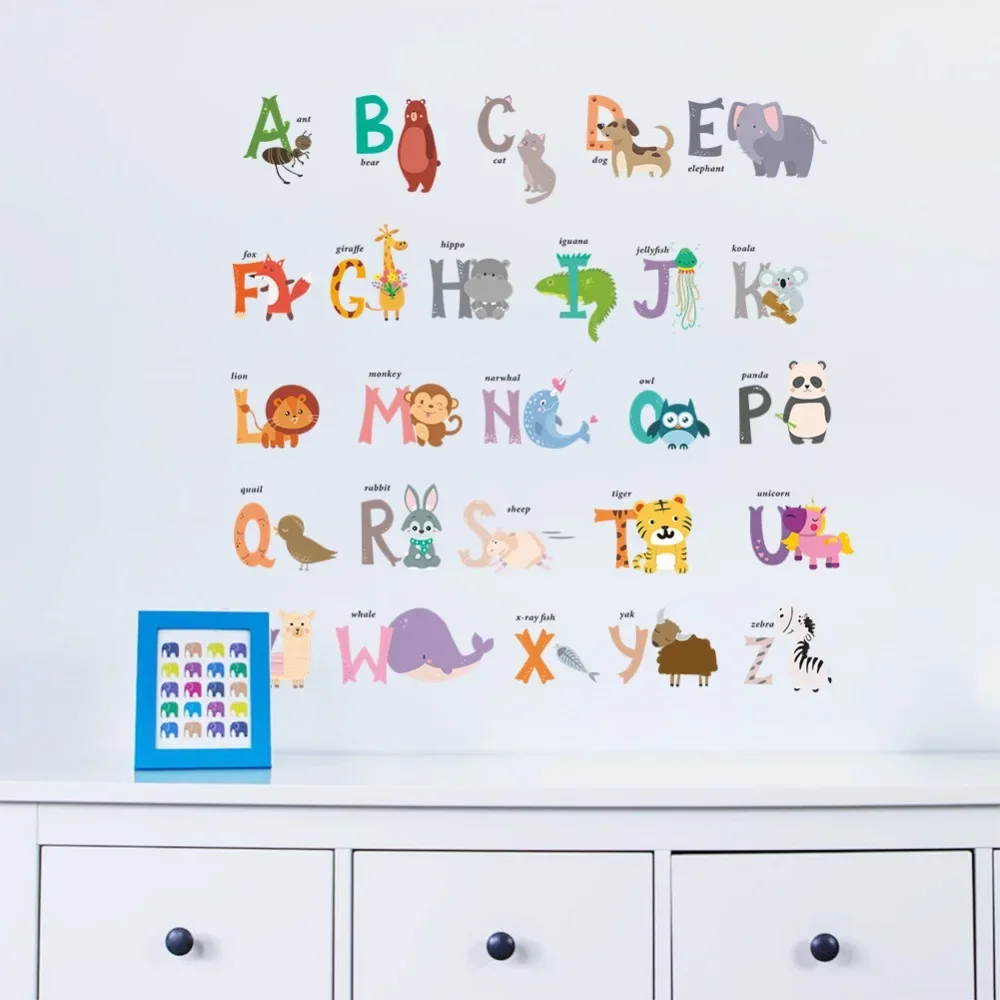 NEW Lovely Jungle Wild Animal with 26 Alphabet Learning Wall Stickers for Kids Rooms Home Decor Children Wall Decal Poster Mural