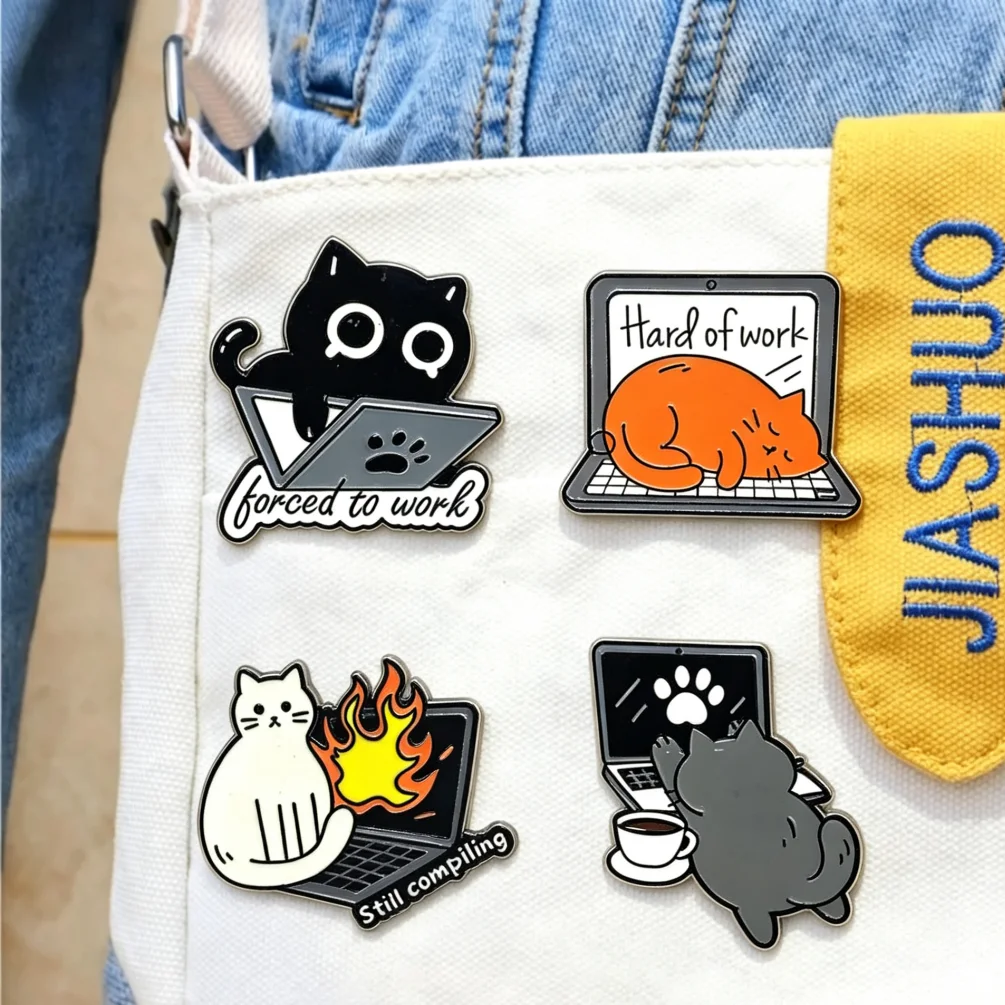 Funny Work Cat Enamel Pins Set Laptop Office Humor Slogan Lapel Badges Metal Pin for Backpack Denim Jacket Bag Decor Friend Gift