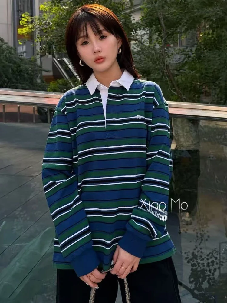 

Boyzhen Pure Original MU Autumn Winter New Style Boyfriend Style Color Block Striped Neck Sweatshirt Loose Fit Neutral S...
