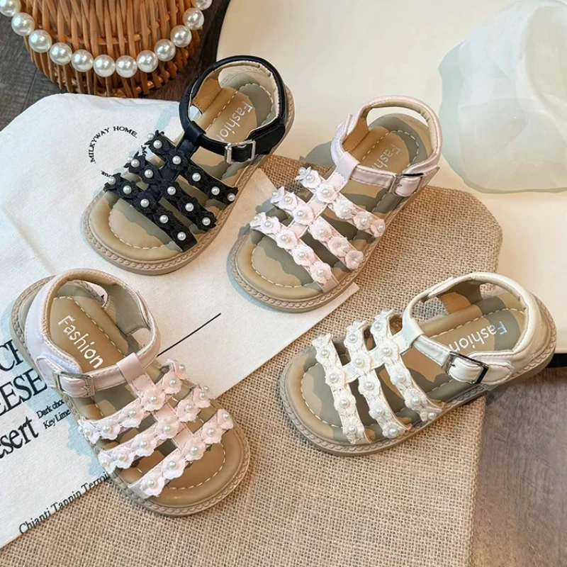

New Summer Children's Sandals Pearl Girls Princess Shoes Open Toe Anti Slip Beach Flats Student Street