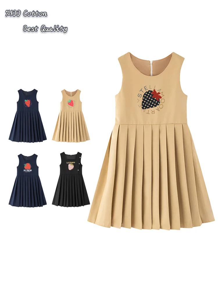 cute strawberry graphics girls dresses summer 2026 new kids Sleeveless skirt vacation casual princess dress child pleated dress