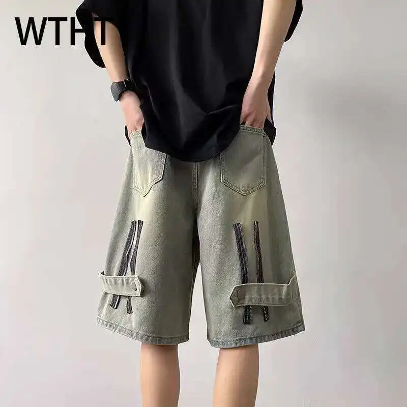 

WTHT модные летние мужские повседневные джинсовые шорты с застежкой-молнией и бандажным дизайном, прямые короткие брюки с высокой талией, мужские 2A0024