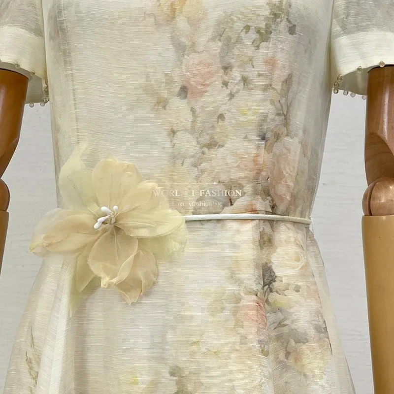 Otoño nuevo estilo Casual mujeres que usan 2025 Beige Rosa árbol estampado manga corta rebordear vestido Midi