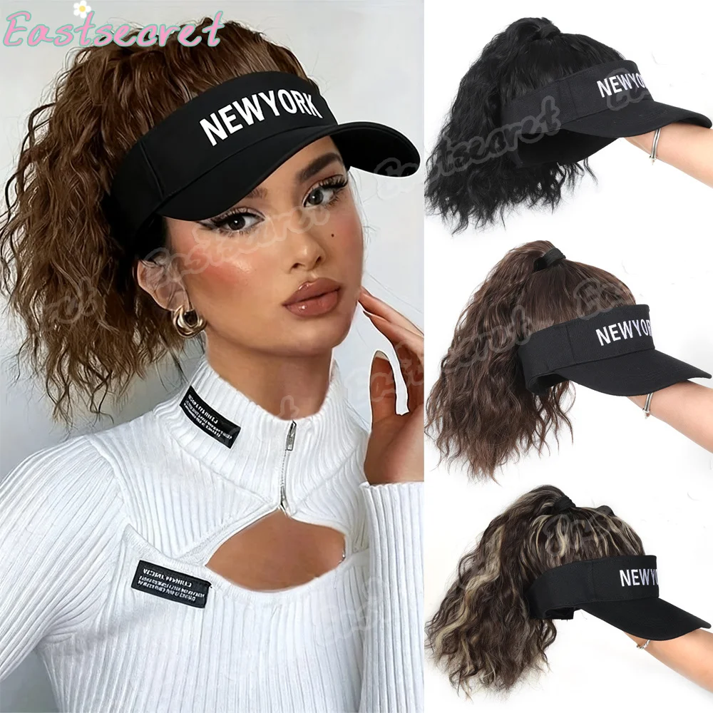 

EAST Synthetic Curly Wave Tail Wig Letter black hat wig heat-resistant suitable for daily use Short hair integrated with hat