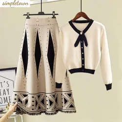 Large size autumn and winter women's set fashionable long sleeved knitted sweater+knitted skirt two-piece set trendy