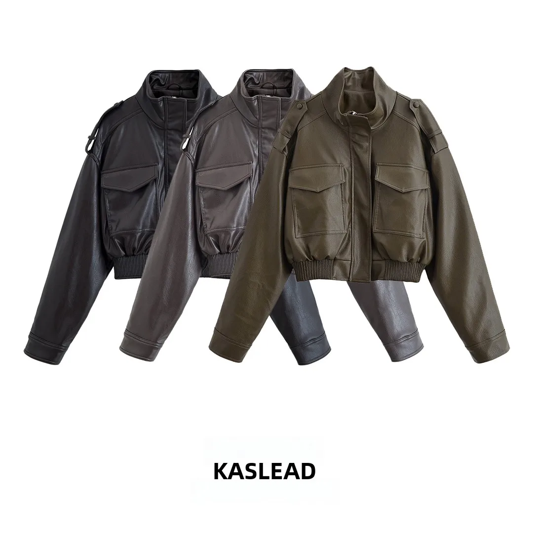 KASLEAD ريترو ملابس العمل الجلدية Jaet المرأة ort معطف Sli خمر السائق Jaet ألياف البوليستر طويلة Sve سستة