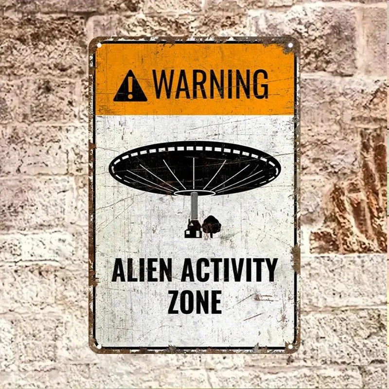 Vintage Warning: Alien Activity Zone Tin Sign Retro UFO Wall Decor for Home Bar Metal Sign