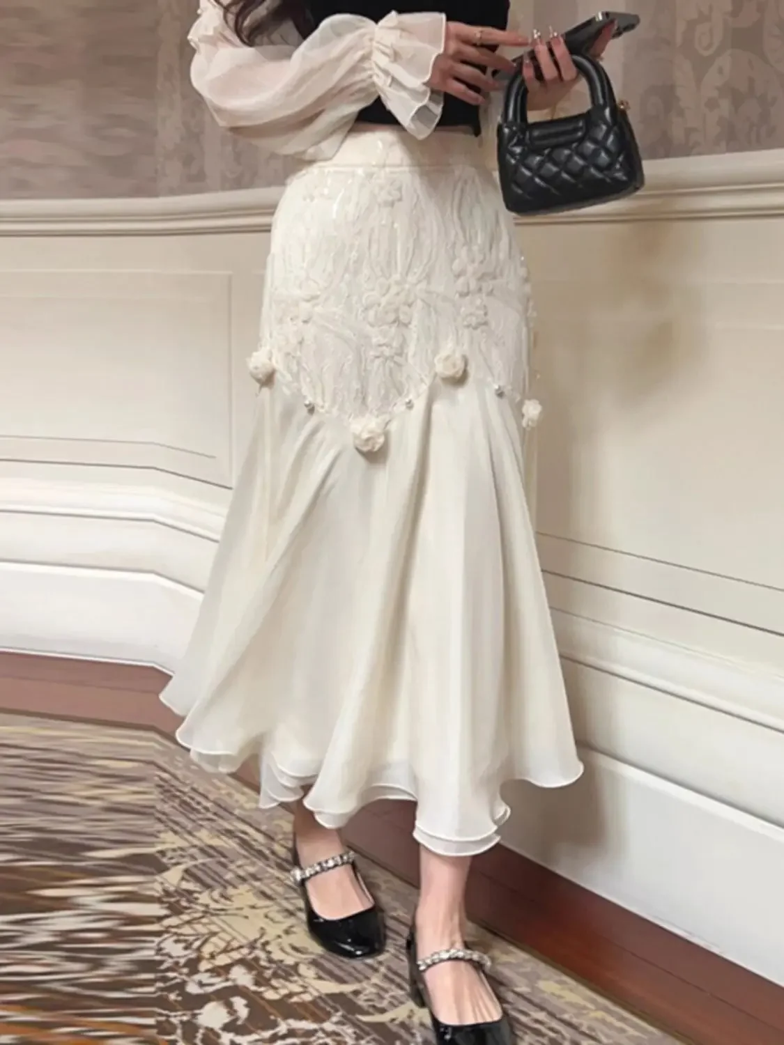 3D Rose Skirt Lace Patchwork Temperament French Chiffon Women High Waist Female Skirt Elegant Long Hip-Covering Flowers Skirts