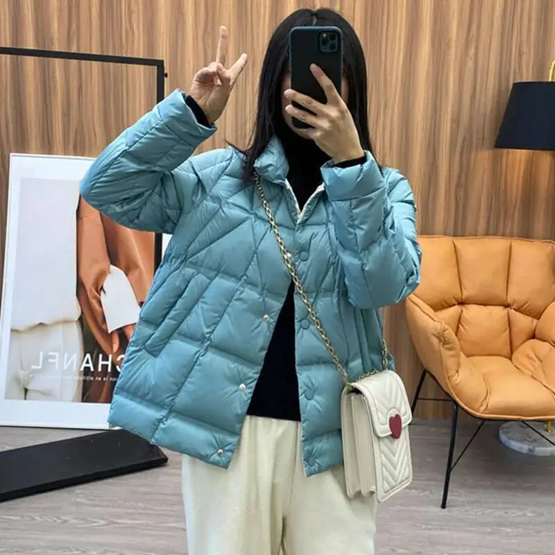 

Janveny 2025 New Autumn Winter Lightweight Puffer Jacket Women Long Sleeve Single Breasted Duck Down Coat Female Short Parkas