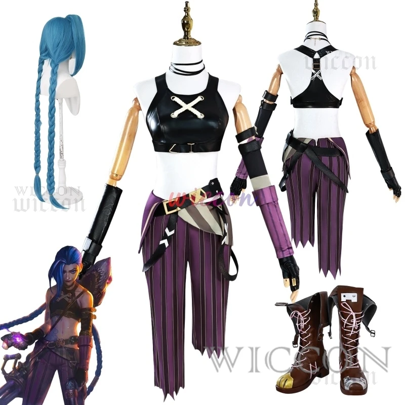 LOL Jinx Cosplay Costume Anime LOL Arcane Jinx Cosplay Uniform Outfits 130cm Wig Halloween Carnival Suit High Quality Costume