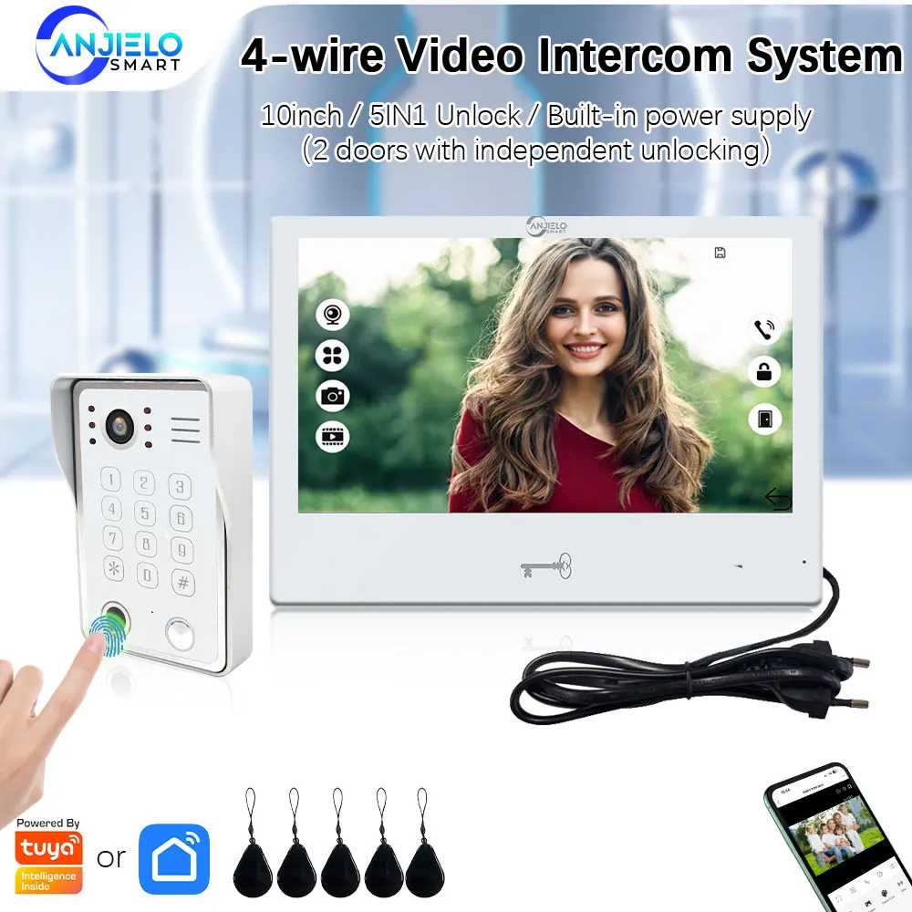 

Видеодомофон ANJIELO 5-в-1 с распознаванием отпечатков пальцев для дома, сенсорный монитор 1080P, Tuya Smart, Alexa, Google