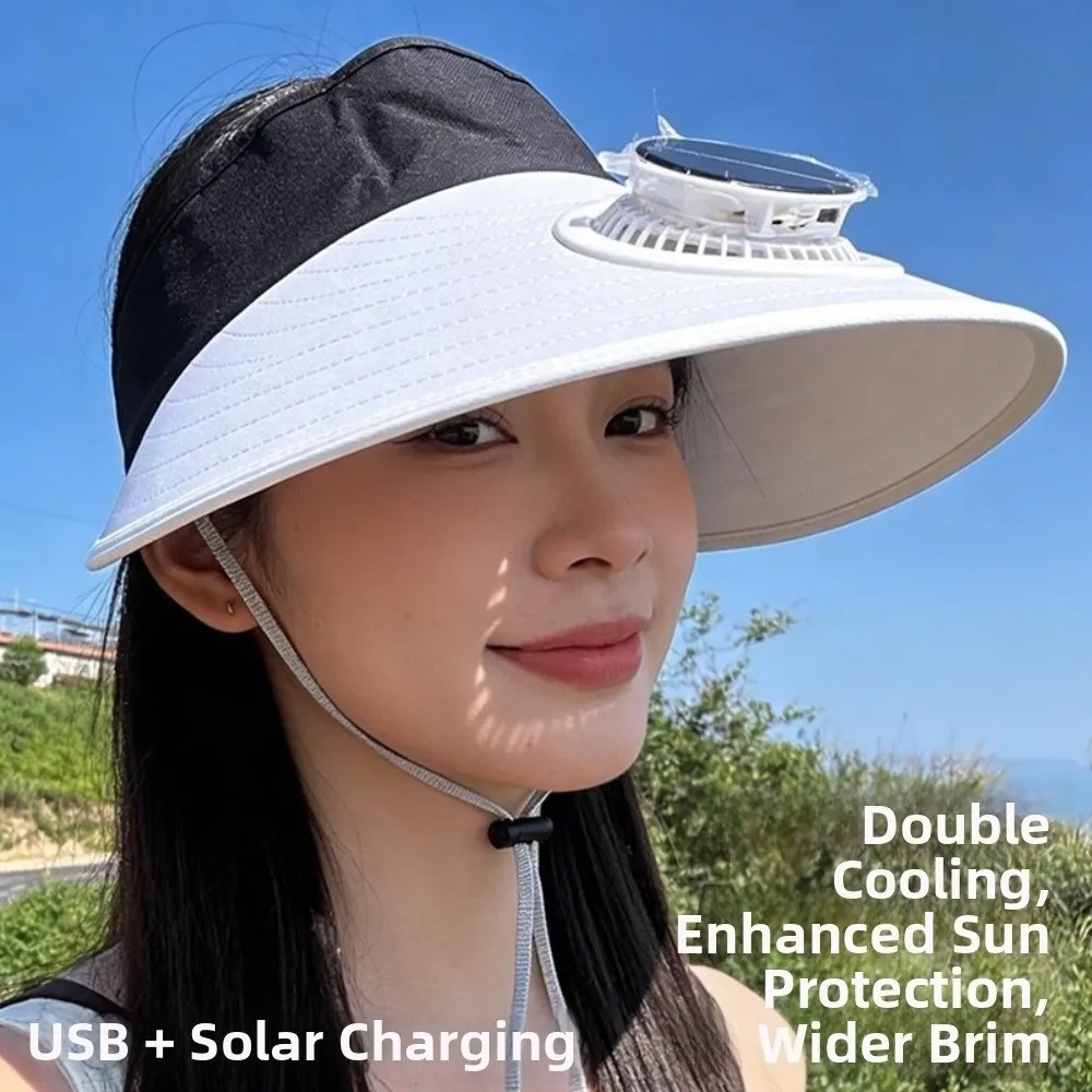 

Breathable Solar Fan Hat USB Charging Lightweight Empty Top Hat Adjustable Polyester Wide Brim Sun Hat for 5V300MAH Beach