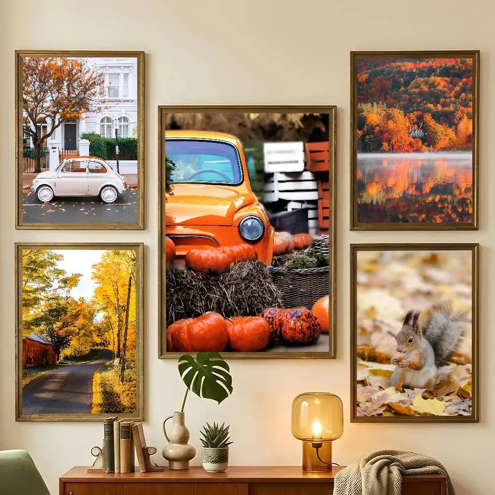 Yellow Fallen Leaves Pumpkin Squirrel Car Lookout Poster Art With Prints Home Bedroom Living Room Decoration Gift