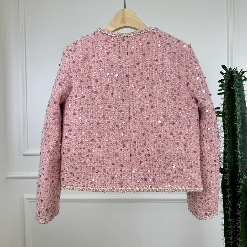 Women High-quality Pink Sequin Tweed Short Coat Fashion Sweet Shiny Versatile Long-sleeved Fragrance French Lady Short Coat view 6