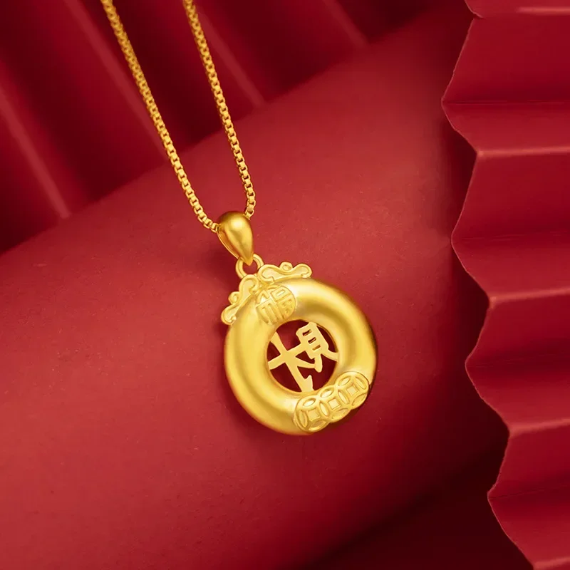 

9999 Real Gold 24K Gold Edition Safety Buckle Fa Cai Brand Pendant Female Solid Gold Wide Wealth Fa Cai Fu Necklace