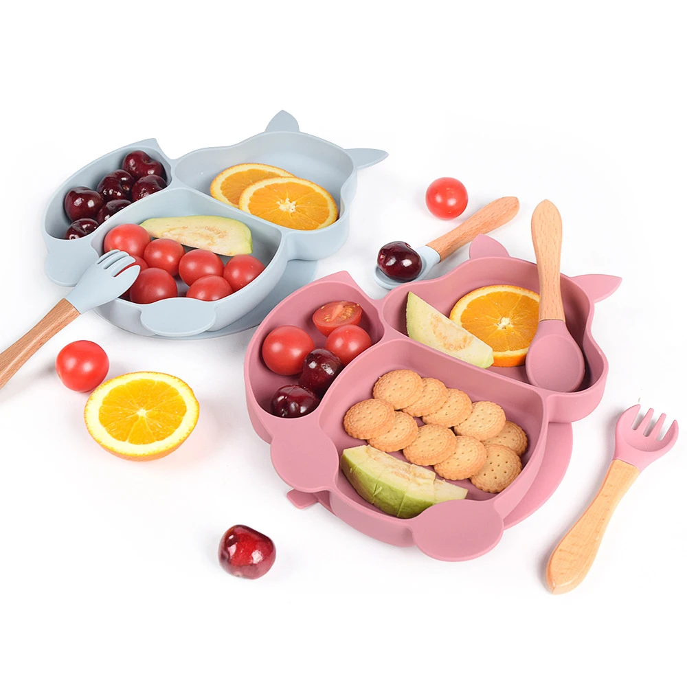 4/6/8Pcs Baby Soft Silicone Suction Cup Bowl Dinner Plate Cup Bib Spoon Fork Set Anti-Slip Cutlery for Kids Feeding Dinner Plate