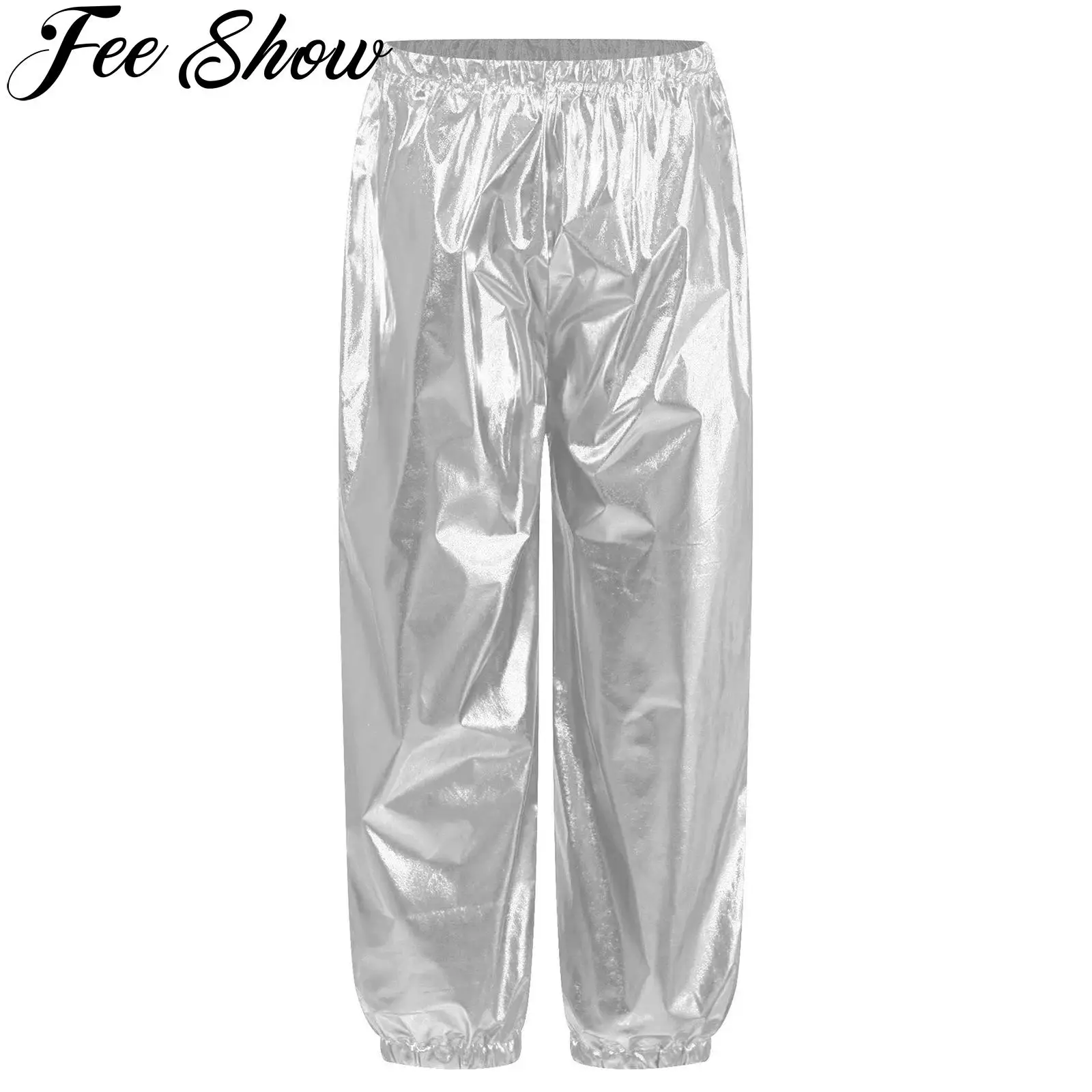 子供のためのメタリックハーレムパンツ,ヒップホップ,ジャズ,ストリートダンス,パフォーマンスコスチューム,ゴムバンド,光沢のあるパンツ,男の子と女の子のためのダンスウェア