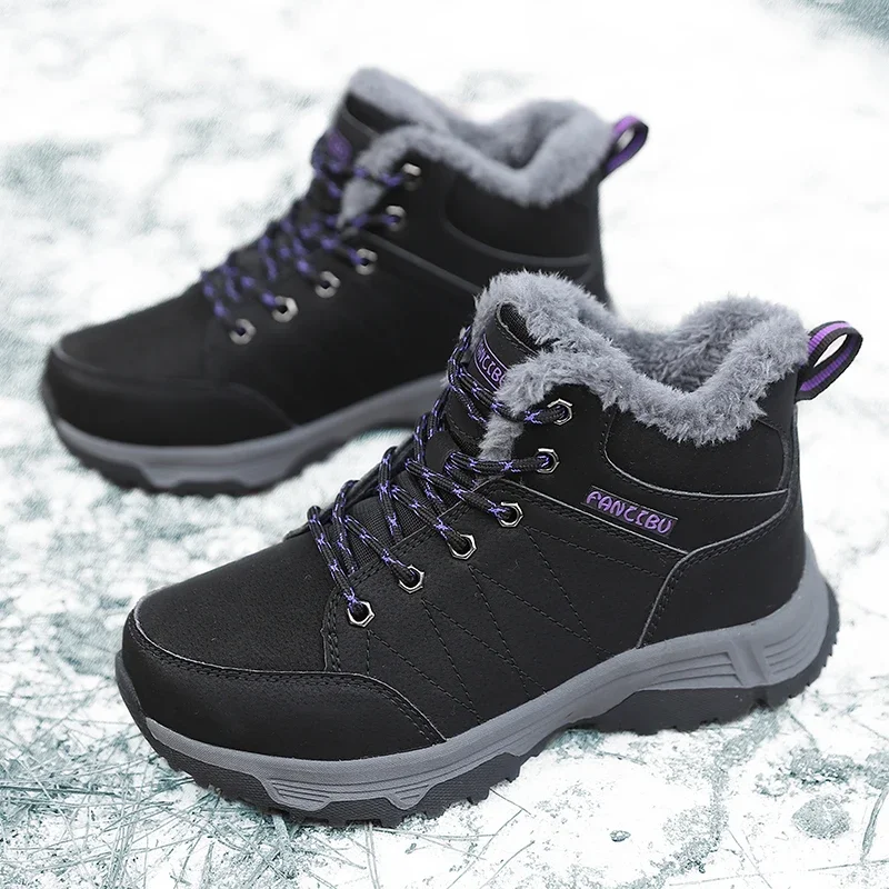 Зимние зимние ботинки, мужские плюшевые ботинки с высоким берцем на шнуровке, теплая удобная нескользящая походная обувь, женская однотонная повседневная обувь, женская